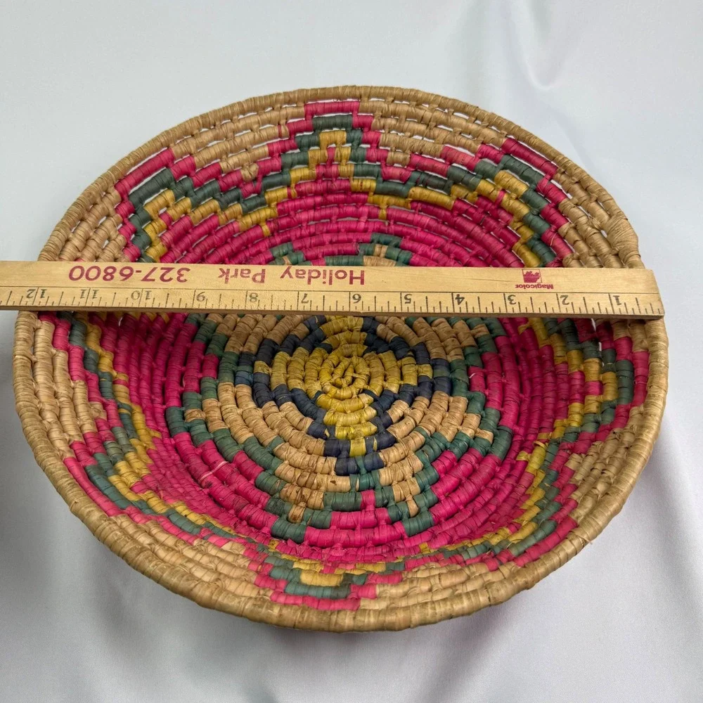 Hand Woven Coiled Straw Basket Bowl Pink Yellow Geometric Boho Decor 10 Inch
